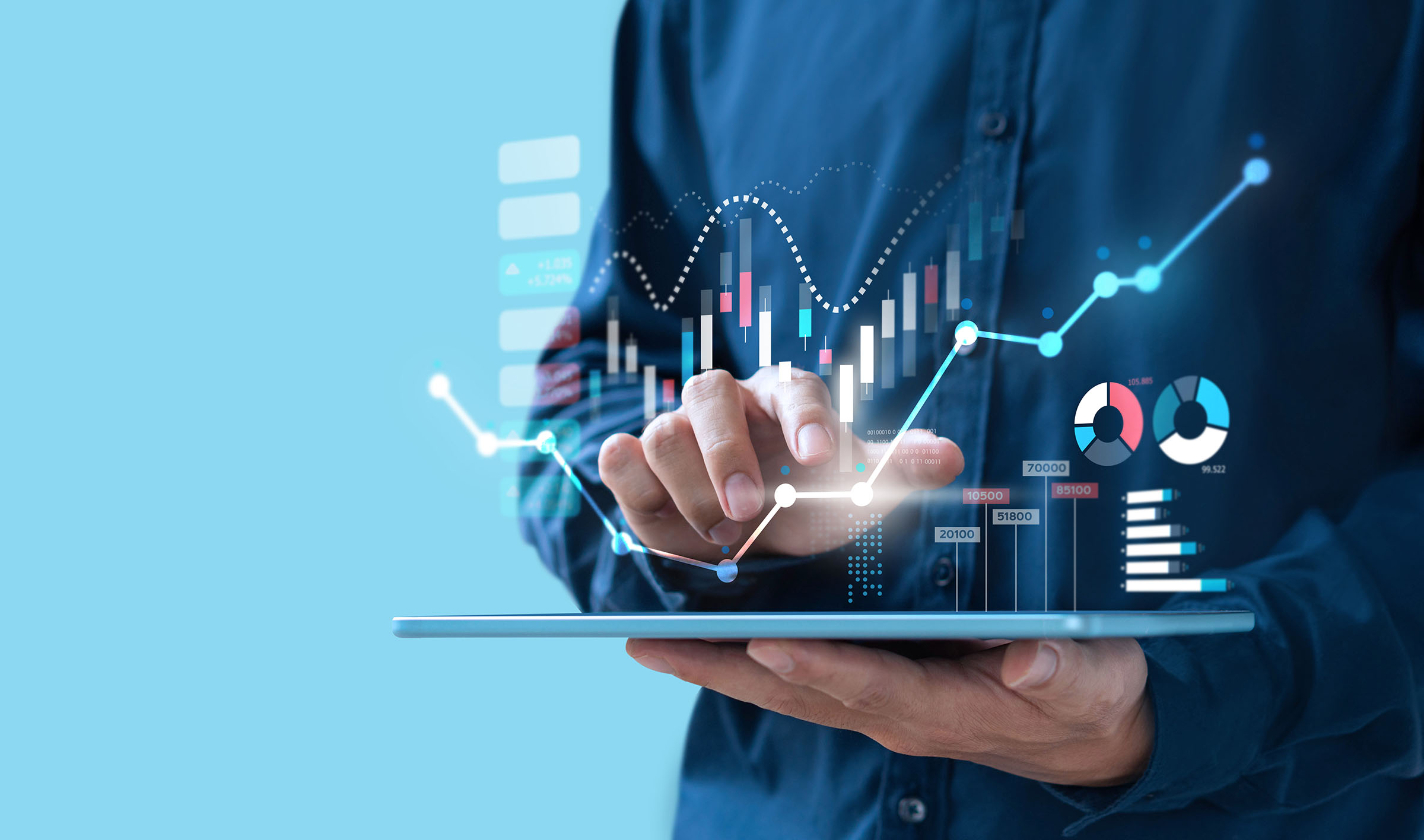 abstract image of person interfacing with an ipad showing charts and lines